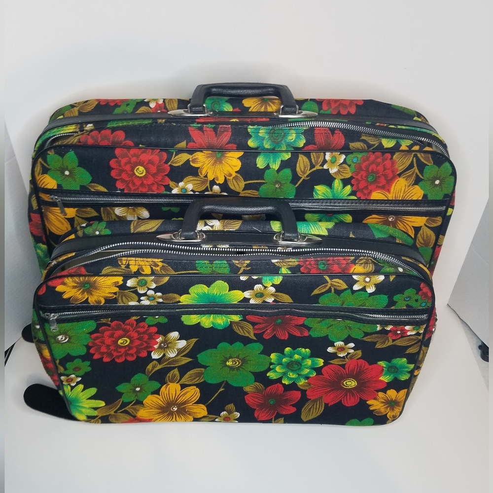 2 Pc. Bantam Black Red Green Floral Boho Mod Suitcase Luggage Set Vintage 60's